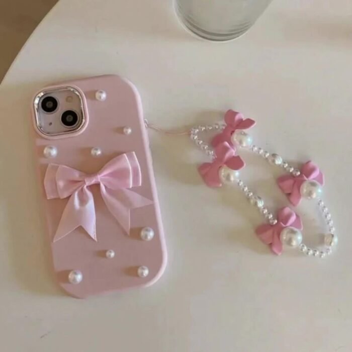 Pink Pearl Bow Phone Case with Soft Shell And Matching Bow Bracelet for Apple Iphone 11 11Promax 12 12Promax 13 13Pro 13Promax 14 14Pro 14Plus 14Promax 15 15Pro 15Plus 15Promax 16 16Pro 16Plus 16Promax - Image 7