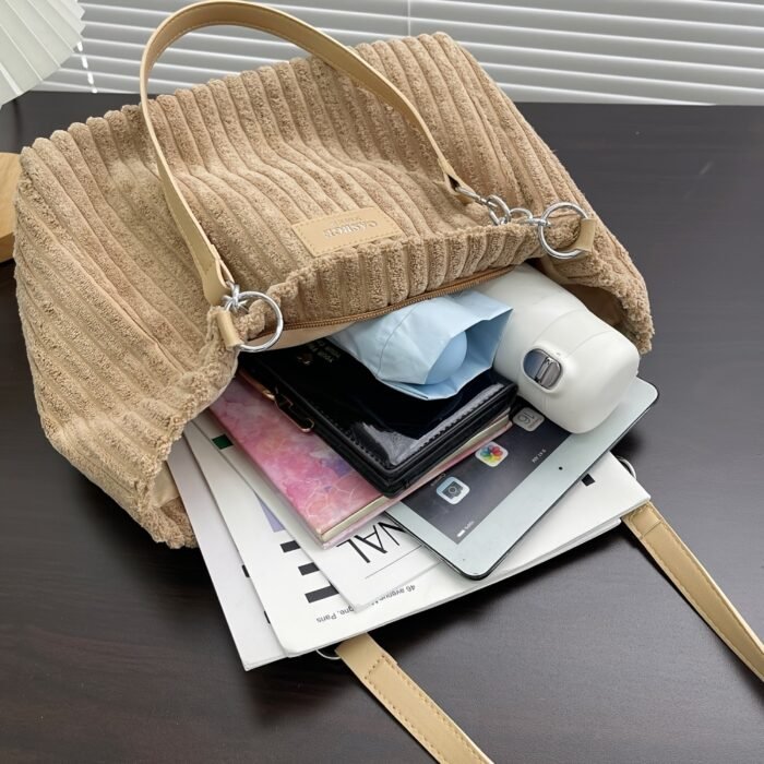 DISSEFA-TECH Corduroy Shoulder Bag for Women, Elegant Striped Tote with Removable PU Strap, Zipper Closure, Polyester Lined, Versatile for Daily Use and School - Ideal Valentine'S Gift - Image 8