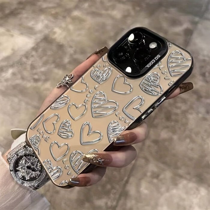 Radium Black and White Silvery Love Heart Metal Pattern Design Mobile Phone Case for iPhone16/16plus/16pro/16promax/iPhone 15/15Plus/15Pro/15ProMax, 14/14Plus/14Pro/14ProMax, 13/13Pro/13ProMax, 12/12Pro/12ProMax, 11/11/11Pro Max/7/8/X/XS - Anti-fouling, Fashionable, Trendy - Image 4