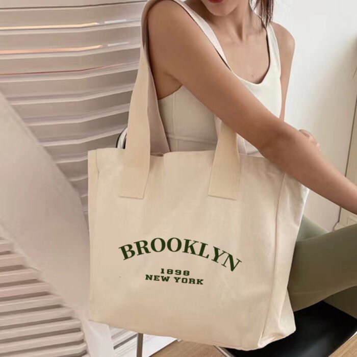 [Lightweight Design] Brooklyn 1989 NYC Tote Bag for Women - Large Capacity, Beige with Green Letter Print, Fixed Shoulder Straps, Hand Washable, Casual Everyday Use - Image 3