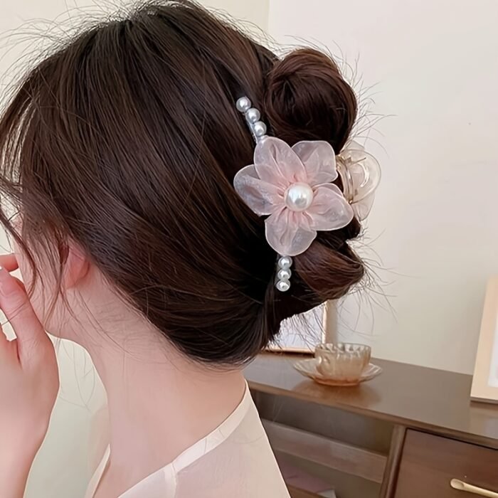 1pc Elegant Bohemian Floral Imitation Pearl Hair Clip for Women - Large Mesh Tulle Hair Claw with Imitation Imitation Pearl & Flower Design, Pink & Champagne Color-Blocked, Secure Hold for Updos, Weddings, Parties, All Hairstyles, Cute Hair Accessories, Wedding Hair Accessory, Versatile Hairpiece, Imitation Pearl Embellishments - Image 5