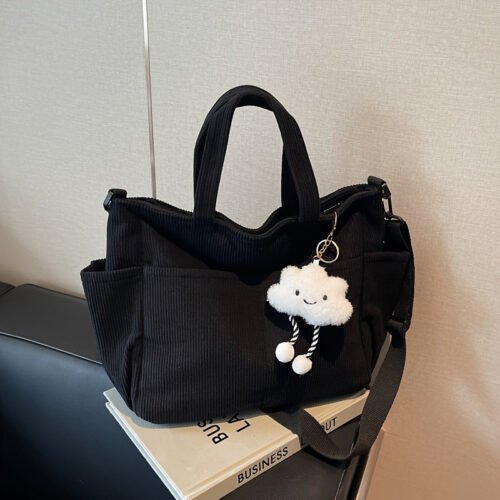 Stylish Women’s Corduroy Handbag with Detachable Strap & Zipper Closure – Spacious Multifunctional Shoulder Bag in Khaki, Cream, Green, or Black – Korean-Inspired Design with Cloud Charm