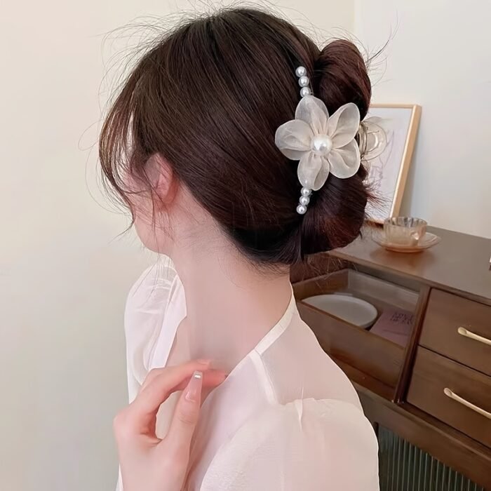 1pc Elegant Bohemian Floral Imitation Pearl Hair Clip for Women - Large Mesh Tulle Hair Claw with Imitation Imitation Pearl & Flower Design, Pink & Champagne Color-Blocked, Secure Hold for Updos, Weddings, Parties, All Hairstyles, Cute Hair Accessories, Wedding Hair Accessory, Versatile Hairpiece, Imitation Pearl Embellishments