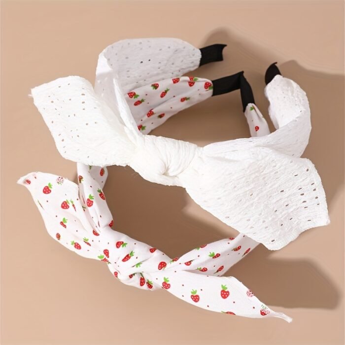 2pcs Cute Pink Strawberry & Floral Bunny Ear Headbands for Girls - Sweet, Versatile Hair Accessories with Bow Detail - Image 4