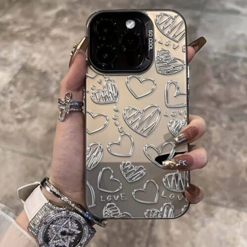 Radium Black and White Silvery Love Heart Metal Pattern Design Mobile Phone Case for iPhone16/16plus/16pro/16promax/iPhone 15/15Plus/15Pro/15ProMax, 14/14Plus/14Pro/14ProMax, 13/13Pro/13ProMax, 12/12Pro/12ProMax, 11/11/11Pro Max/7/8/X/XS - Anti-fouling, Fashionable, Trendy