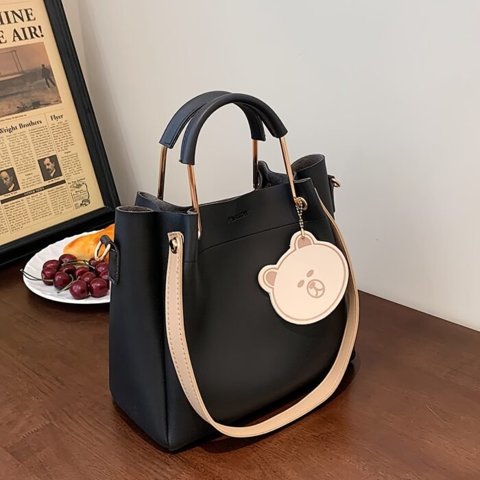 Stylish Large Capacity Women's Tote Bag - Versatile Shoulder & Crossbody Purse with Zipper Closure, PU Material, Cream Color, Golden-Toned Hardware, and Adorable Bear Charm, Crossbody Bag - Image 3