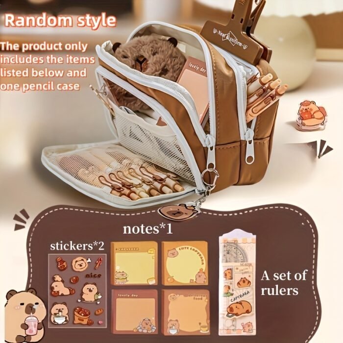 Charming Capybara-Themed Stationery Set - Elegant Light Brown Canvas Organizer with Zippered Pouch & Compartments, Ideal for Graduation & Birthday Gifts, Includes Markers, Pens, and Highlighters, Gift Bag Included, Capybara Accessories - Image 3