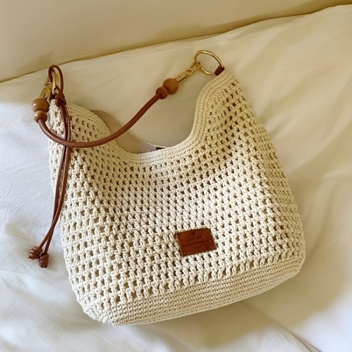 Women's Crochet Woven Tote Bag - Casual Chic Convertible Shoulder & Crossbody Bag with Magnetic Closure, Beige Fabric & Brown Accents, Durable Polyester Lining for Beach, Commute, Everyday Use - Image 5