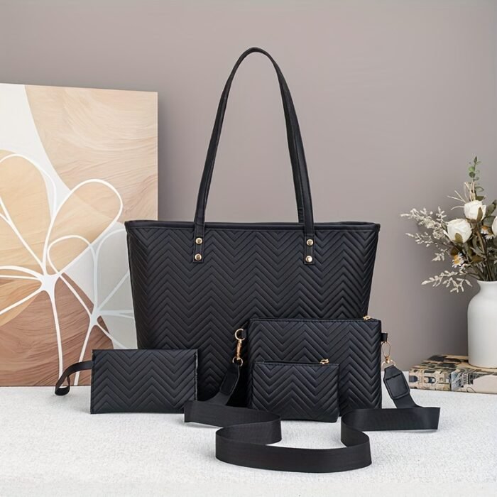 4pcs Fashion Simple Tote Bag Set for Women, Basics Style, Double Handles, Zipper Closure, Polyester Lining, Material, with Daily Commute Occasion, Dry Clean Only, Do Not Wash - Image 2