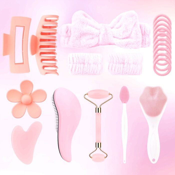 12pcs Facial Beauty Set with Cat Paw Face Brush, Nose Head Brush, Dual-Head Roller Massager, Silky Comb, Heart-Shaped Gua Sha Tool, Hair Clip, Hair Tie, Headband, Wristband for Cleansing, Exfoliation, and Skin Care - Portable Women's Skincare Tools - Image 15