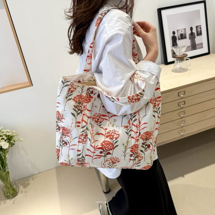 1pc Women's Floral Print Tote Shoulder Bag - Stylish & Spacious Design with Secure Zip Closure, Dual Reinforced Handles, Multiple Pockets - Durable Fabric for Work, College, Travel & Everyday Use (Pink/Red/Blue), College Accessory - Image 12