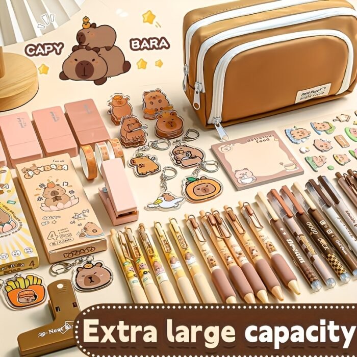 Charming Capybara-Themed Stationery Set - Elegant Light Brown Canvas Organizer with Zippered Pouch & Compartments, Ideal for Graduation & Birthday Gifts, Includes Markers, Pens, and Highlighters, Gift Bag Included, Capybara Accessories - Image 2