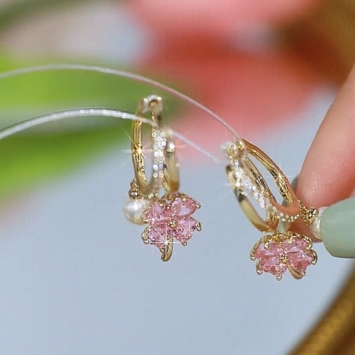 Purple Crystal Four-leaf Flower Pearl Earrings For Women - Image 5
