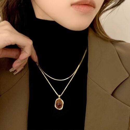 Milard Women's Double-Layer Sweater Chain Necklace with Oval Pendant - Golden-Tone Minimalist Layered Jewelry for Daily Wear & Parties, Versatile All-Season Accessory, Party Accessory, Goldtone Metal