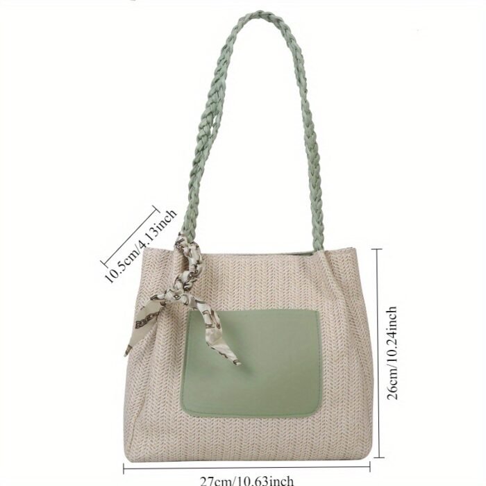 Women's Vintage Woven Tote Bag - Summer 2025 New Design, Large Capacity Crossbody Shoulder Bag with Decorative Tassel Handles & Zipper Closure, Light Brown/White/Green, Durable Fabric for Casual & Holiday Use, Casual Shoulder Bag | Braided Strap Bag | Zipper Closure Tote - Image 6
