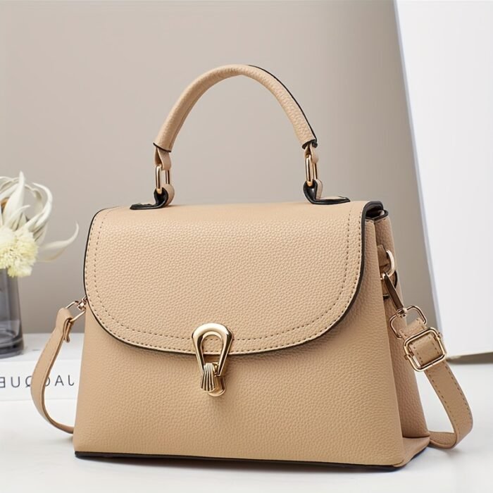 Minimalist Apricot Or Earthy Yellow Handbag with Adjustable Strap, Zipper Closure, Polyester Lining, No Pattern, No Printing, Edge Painted - Image 4