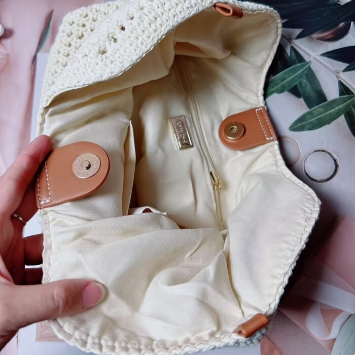 Women's Crochet Woven Tote Bag - Casual Chic Convertible Shoulder & Crossbody Bag with Magnetic Closure, Beige Fabric & Brown Accents, Durable Polyester Lining for Beach, Commute, Everyday Use - Image 7