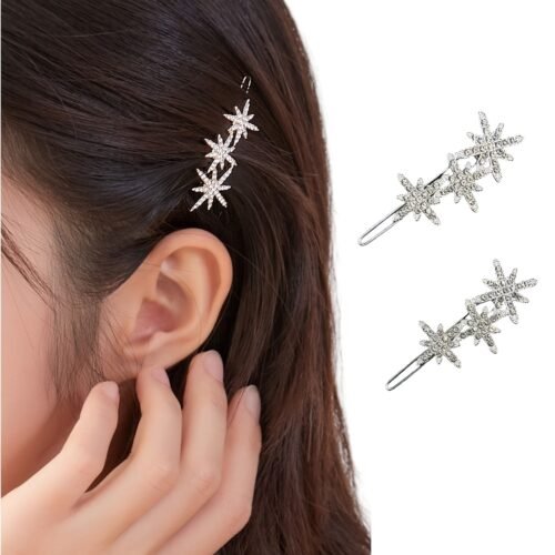 2pcs Sparkling Rhinestone Star Hair Clips for Women - Elegant Alloy Side & Bangs Barrettes, Sweet Style