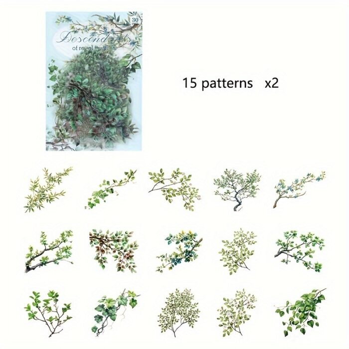 30-Pack Plant Floral Branch PET Decorative Stickers, Mixed Color Self-Adhesive Plastic Craft Embellishments with Crystal Accents, Glossy Finish, Irregular Shapes for Scrapbooking and Journaling - Image 13