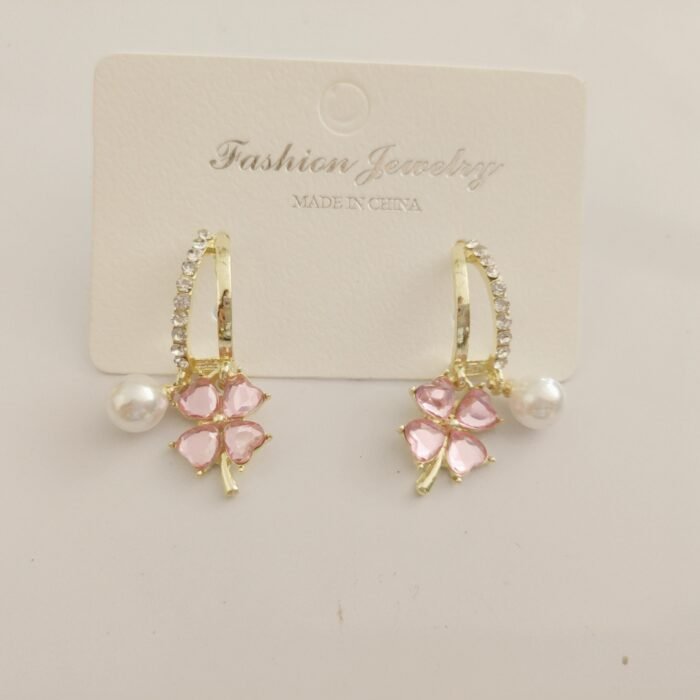 Purple Crystal Four-leaf Flower Pearl Earrings For Women - Image 6