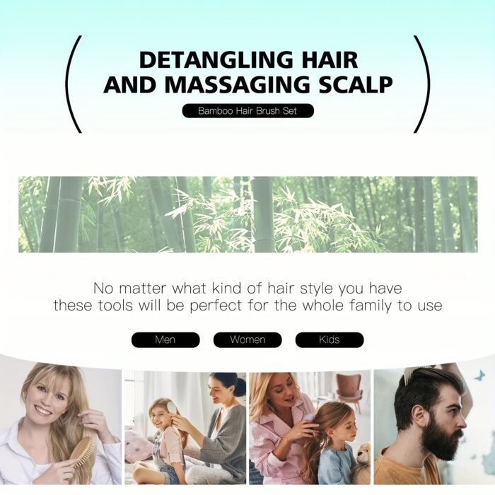 4pcs Hair Brush Comb Set for Men Women - Bamboo Bristle Hairbrush with Tail Comb, Tooth Comb, Double Head Comb, 3 Air Cushion Massage Brushes for Scalp Massage, Bamboo Material, Finishing Comb Style, Scalp Massager Set|Natural Bamboo Brush|Ergonomic Desig - Image 8
