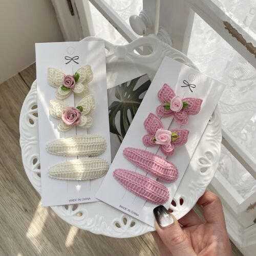 4pcs Boho Chic Butterfly Hair Clips Set for Girls - Pink & White Floral BB Clips with Scalloped Edges, Versatile All-Season Accessories, Perfect for Daily Wear & Holiday Outings
