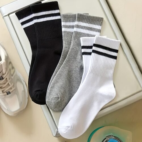 3 Pairs Striped Knee-Length Socks for Women - Breathable Polyester Knit Fabric, Casual Sport Style, Hand Wash/Dry Clean, Black/White/Grey