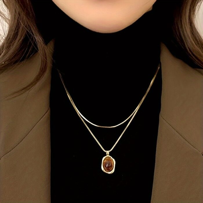 Milard Women's Double-Layer Sweater Chain Necklace with Oval Pendant - Golden-Tone Minimalist Layered Jewelry for Daily Wear & Parties, Versatile All-Season Accessory, Party Accessory, Goldtone Metal - Image 2
