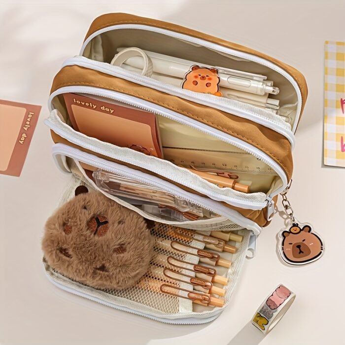 Charming Capybara-Themed Stationery Set - Elegant Light Brown Canvas Organizer with Zippered Pouch & Compartments, Ideal for Graduation & Birthday Gifts, Includes Markers, Pens, and Highlighters, Gift Bag Included, Capybara Accessories - Image 8