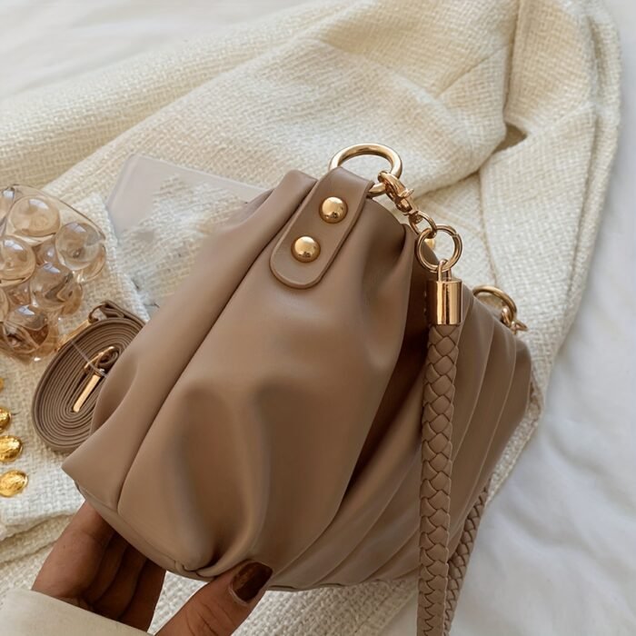 Elegant Beige Shoulder Bag for Women - Chic Pleated Design with Golden-Tone Hardware, Versatile Handbag/Crossbody for Daily Use, Shopping, and Travel, Cute Purse - Image 6