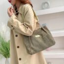 DISSEFA-TECH Corduroy Shoulder Bag for Women, Elegant Striped Tote with Removable PU Strap, Zipper Closure, Polyester Lined, Versatile for Daily Use and School - Ideal Valentine'S Gift