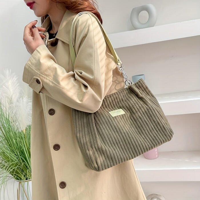 DISSEFA-TECH Corduroy Shoulder Bag for Women, Elegant Striped Tote with Removable PU Strap, Zipper Closure, Polyester Lined, Versatile for Daily Use and School - Ideal Valentine'S Gift - Image 6