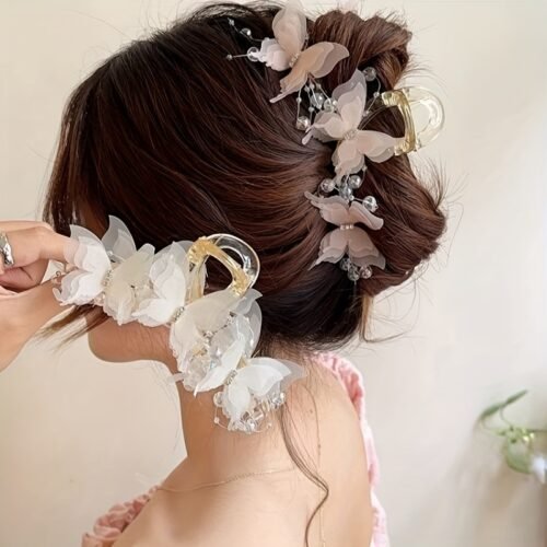 [Elegant Hair Clip] Elegant Large Butterfly Hair Claw Clip | Plastic Material, Solid Color, Tassel Accents - Chic Sweet Style for Sophisticated Updos