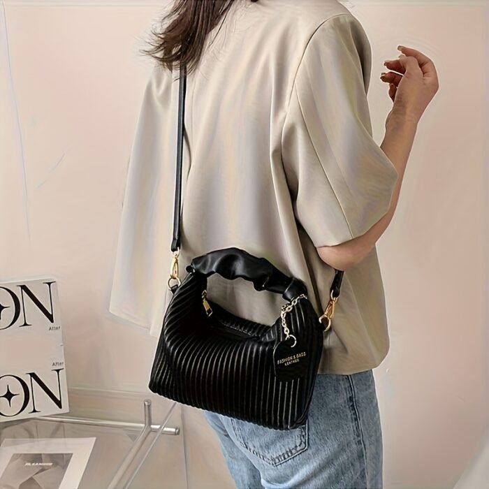 Striped Handbag for Women - Stylish Urban Shoulder Bag with Zipper Closure, Polyester Lined, Black, Perfect for Casual or Office Us - Image 10
