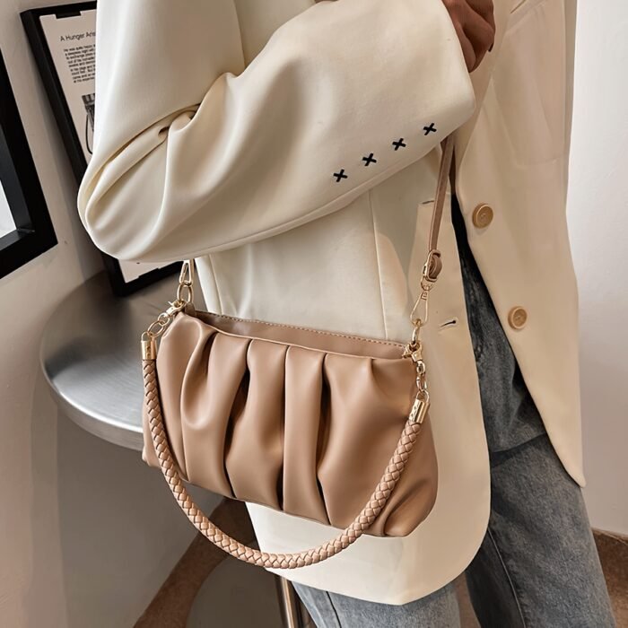 Elegant Beige Shoulder Bag for Women - Chic Pleated Design with Golden-Tone Hardware, Versatile Handbag/Crossbody for Daily Use, Shopping, and Travel, Cute Purse - Image 2