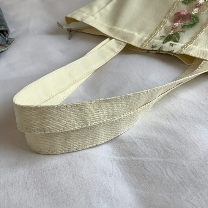 1pc Large Capacity Canvas Tote Bag - Fashionable White Shoulder Bag with Floral Embroidery, Durable Zippers, Ideal for Commuting, Travel, and, Commuting Bag|Floral Embroidery Bag|Durable Zippers - Image 8