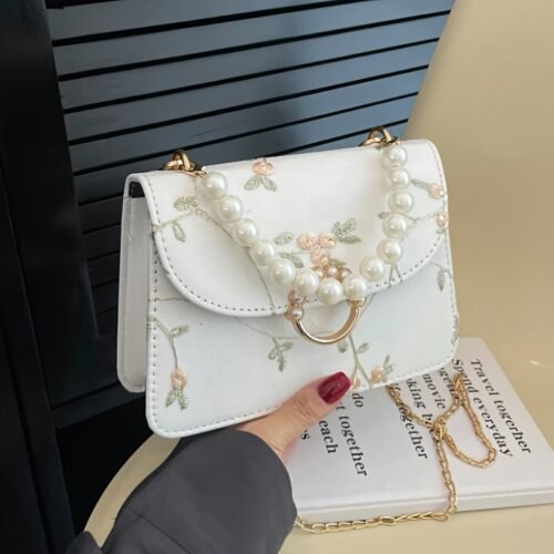 Elegant White Mini Square Bag with Faux & Rhinestone Chain Strap, Floral Embroidery, Golden-Tone Hardware - Perfect for Parties, Weddings, Proms & Dinners, Novelty Purse