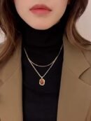 Milard Women's Double-Layer Sweater Chain Necklace with Oval Pendant - Golden-Tone Minimalist Layered Jewelry for Daily Wear & Parties, Versatile All-Season Accessory, Party Accessory, Goldtone Metal