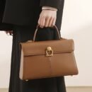 Elegant Women's Top Handle Satchel Bag - Chic Solid Color Design with Adjustable Shoulder Strap, Golden-Tone Clasp & Spacious Interior, Perfect for Daily Use or Gift Giving (Khaki/Dark Brown/Red/Black), Versatile Fashion Accessory | Fashionable Accessory | Synthetic Leather Bag