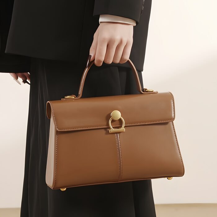Elegant Women's Top Handle Satchel Bag - Chic Solid Color Design with Adjustable Shoulder Strap, Golden-Tone Clasp & Spacious Interior, Perfect for Daily Use or Gift Giving (Khaki/Dark Brown/Red/Black), Versatile Fashion Accessory | Fashionable Accessory | Synthetic Leather Bag - Image 14