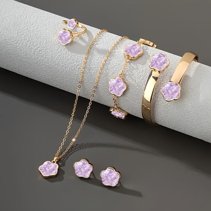 5pcs Classic Lucky Flower Women's Necklace + Earrings + Ring + Bracelet Set Simple Elegant Design Birthday Wedding New Year Valentine's Day Celebration Fashion Jewelry Set - Image 9