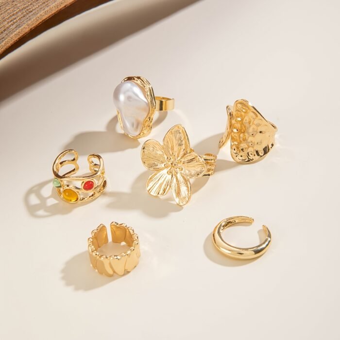 6pcs set of fashionable and flower-set Rhinestone rings, metal geometric irregular opening ring sets suitable for parties and gifts for friends - Image 2