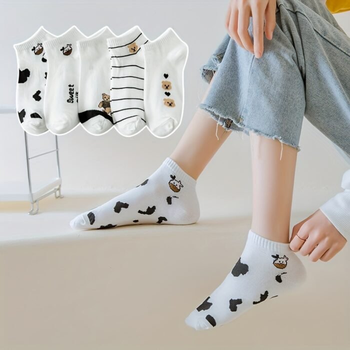 5 Pairs Mixed Color Animal Print Short Socks, 97% Polyester 3% Spandex, Breathable Sweat-Absorbent Knit Fabric, Comfortable Ankle Socks for Women - Image 6