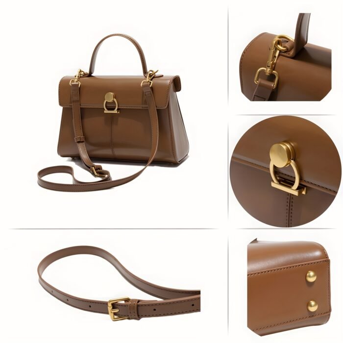 Elegant Women's Top Handle Satchel Bag - Chic Solid Color Design with Adjustable Shoulder Strap, Golden-Tone Clasp & Spacious Interior, Perfect for Daily Use or Gift Giving (Khaki/Dark Brown/Red/Black), Versatile Fashion Accessory | Fashionable Accessory | Synthetic Leather Bag - Image 8