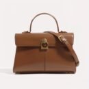 Elegant Women's Top Handle Satchel Bag - Chic Solid Color Design with Adjustable Shoulder Strap, Golden-Tone Clasp & Spacious Interior, Perfect for Daily Use or Gift Giving (Khaki/Dark Brown/Red/Black), Versatile Fashion Accessory | Fashionable Accessory | Synthetic Leather Bag