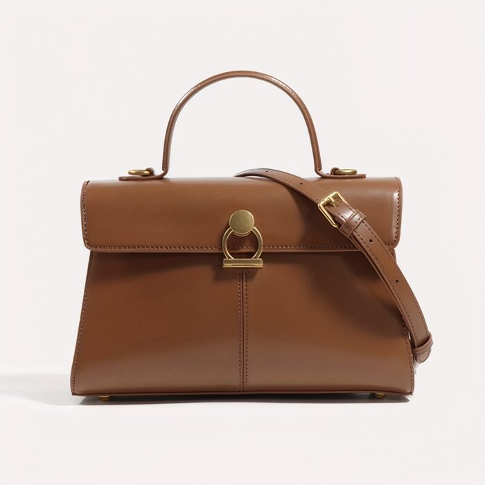 Elegant Women's Top Handle Satchel Bag - Chic Solid Color Design with Adjustable Shoulder Strap, Golden-Tone Clasp & Spacious Interior, Perfect for Daily Use or Gift Giving (Khaki/Dark Brown/Red/Black), Versatile Fashion Accessory | Fashionable Accessory | Synthetic Leather Bag - Image 9
