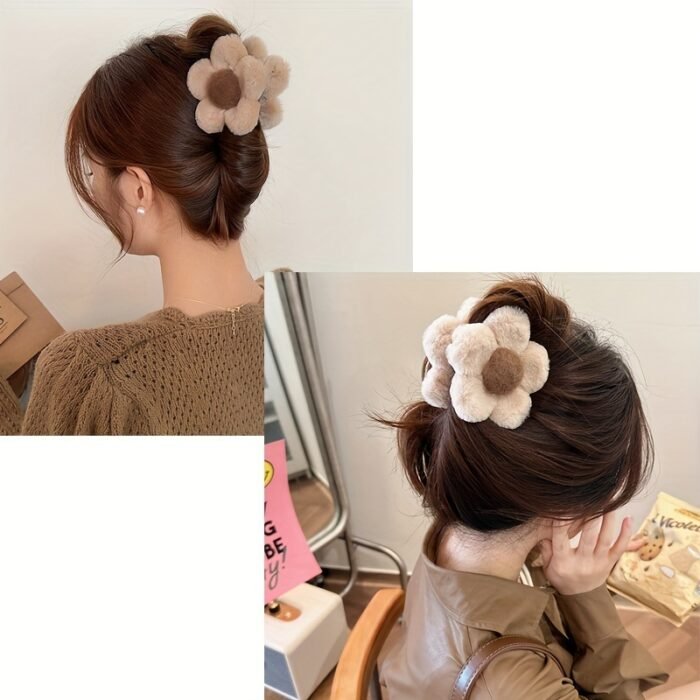 2pcs Plush Flower Hair Clips - Soft Fluffy Faux Fur Floral Hair Accessories for Women, Brown & Beige, Lightweight Non-Slip Hairpins for Everyday & Special Occasions, Accessories for Hair, Faux Fur Accessory - Image 2