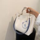 Stylish Large Capacity Women's Tote Bag - Versatile Shoulder & Crossbody Purse with Zipper Closure, PU Material, Cream Color, Golden-Toned Hardware, and Adorable Bear Charm, Crossbody Bag