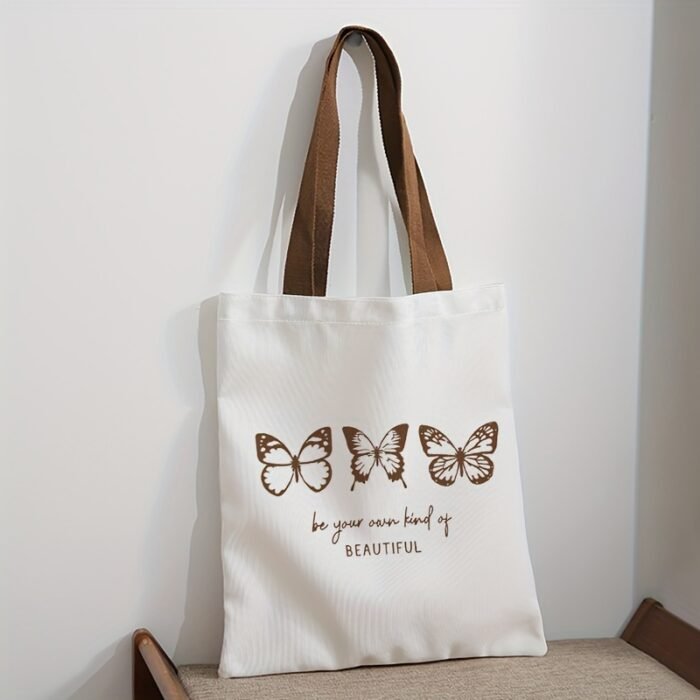 Brown Butterfly Letter Element Pattern Tote Bag, Multifunctional Handbag, Letter Printed Canvas Shopping Bag - Image 10