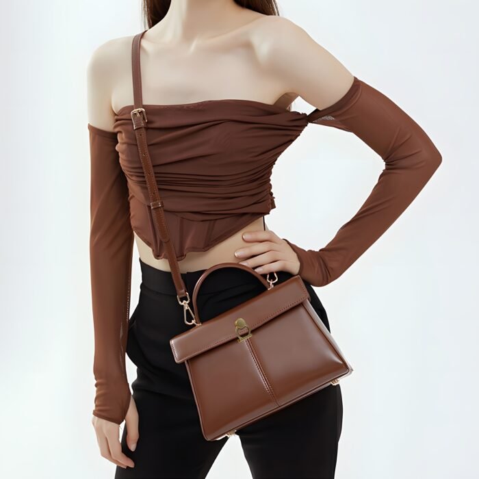 Elegant Women's Top Handle Satchel Bag - Chic Solid Color Design with Adjustable Shoulder Strap, Golden-Tone Clasp & Spacious Interior, Perfect for Daily Use or Gift Giving (Khaki/Dark Brown/Red/Black), Versatile Fashion Accessory | Fashionable Accessory | Synthetic Leather Bag - Image 2